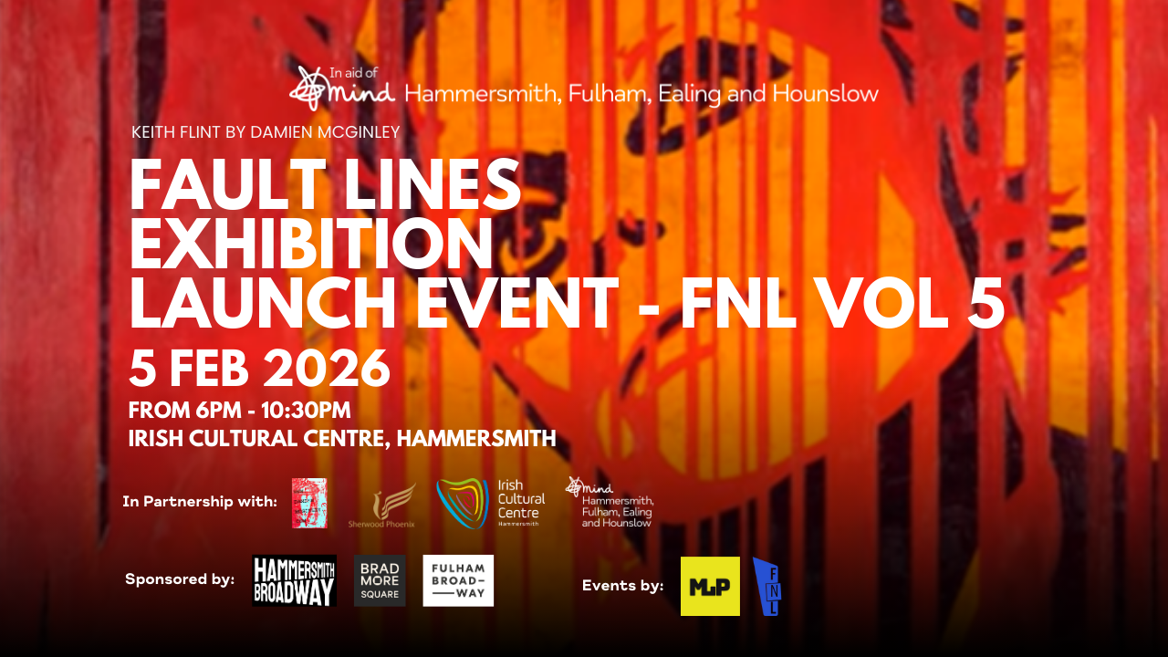 Irish artist Damien McGinley’s ‘FAULT LINES’ Exhibition launches at The Irish Cultural Centre ICC Hammersmith on male suicide in the uk with the mental health charity Mind.