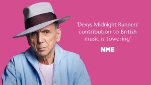 kevin rowland pink background with a hat and a quote by NME