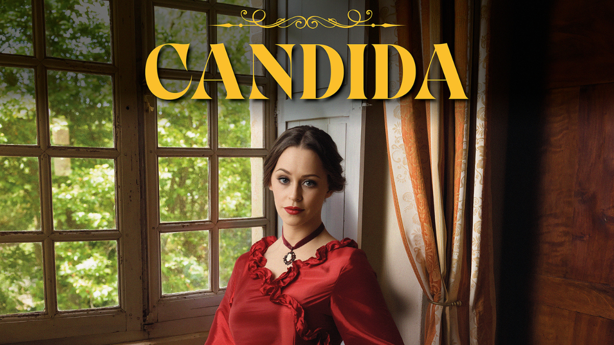 Candida Landscape Title Page featuring main actress in red dress against window background with title in yellow