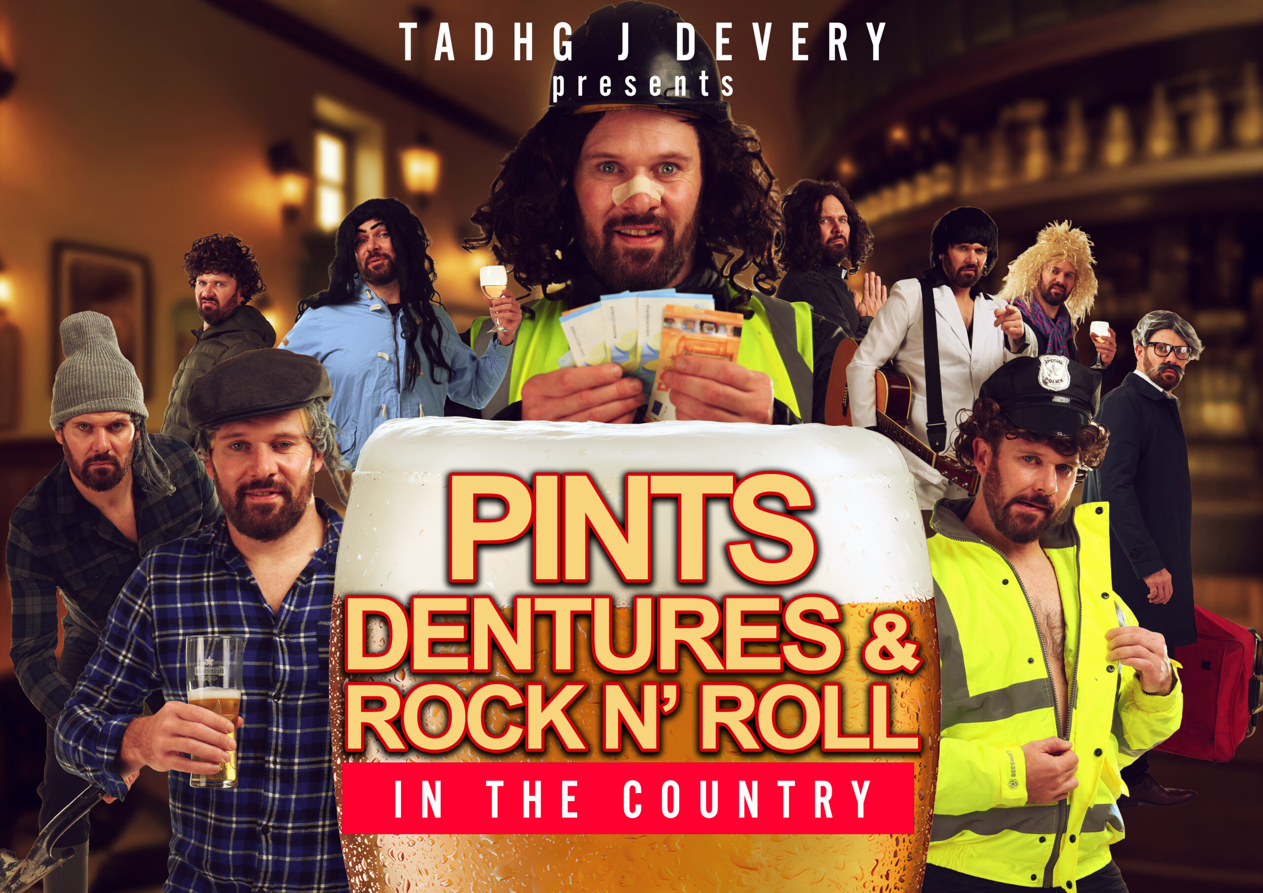 Poster features 10 different characters from the show in different costumes with the title in the centre framed by a pint
