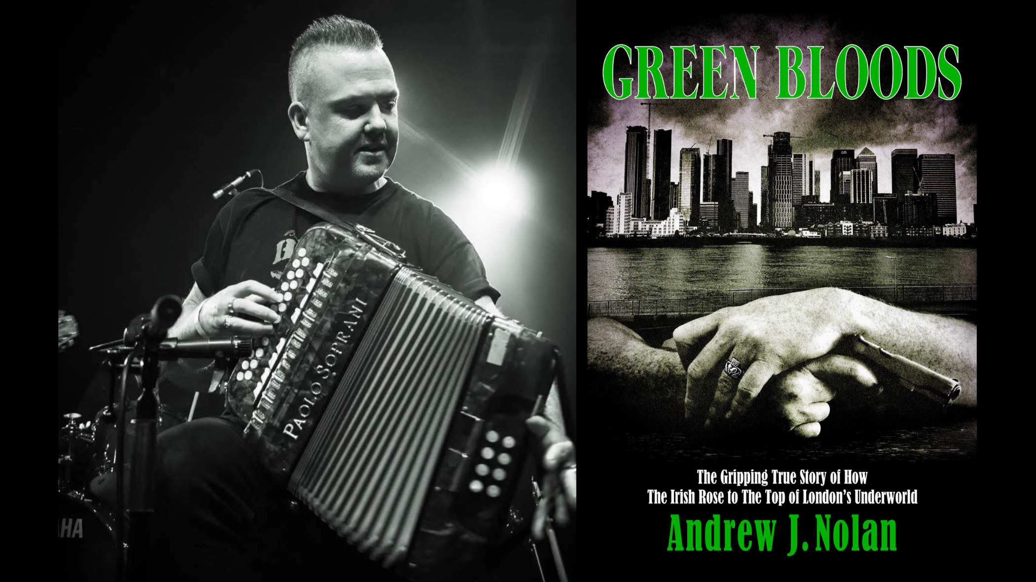 Andy Nolan black and white photo of him playing the button accordion alongside his new true crime novel green bloods